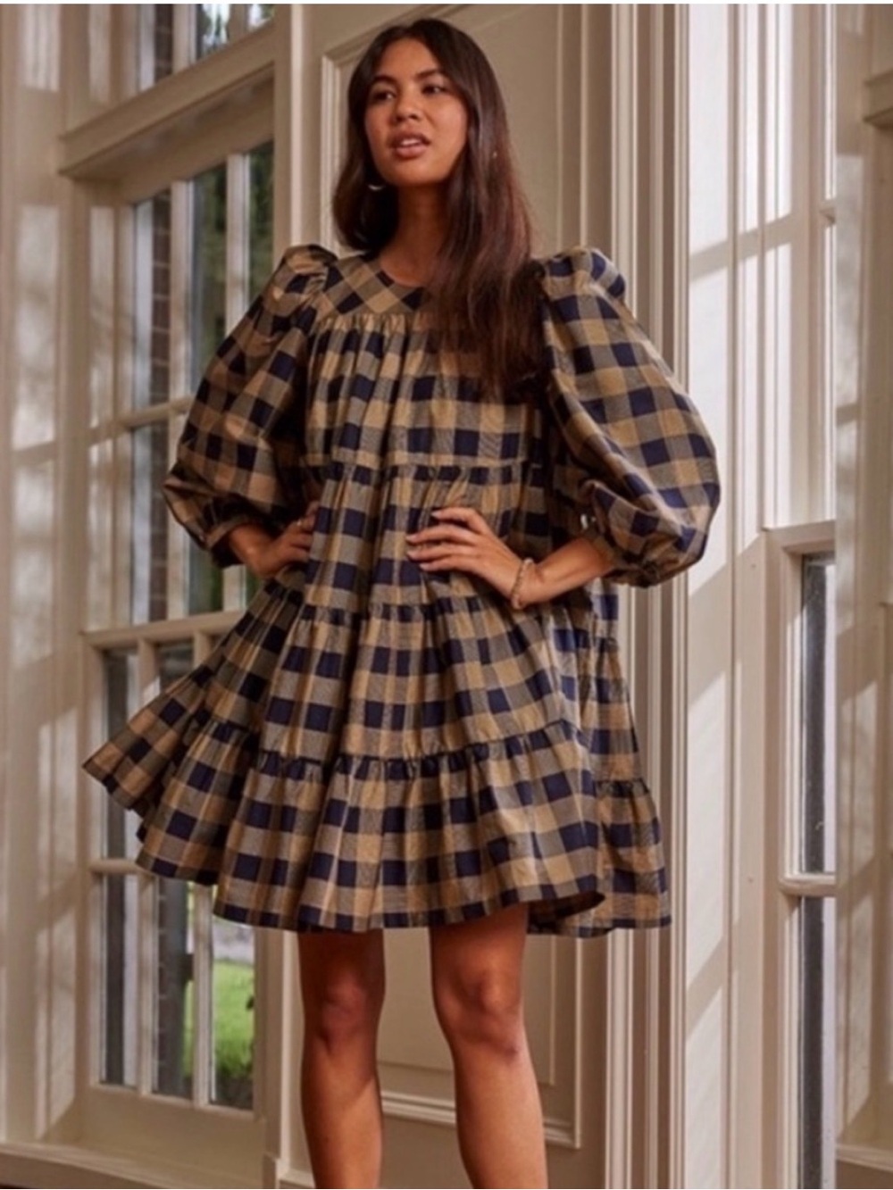 NWT SUMMERSALT Navy and Tan Gingham Midi Dress Size Small